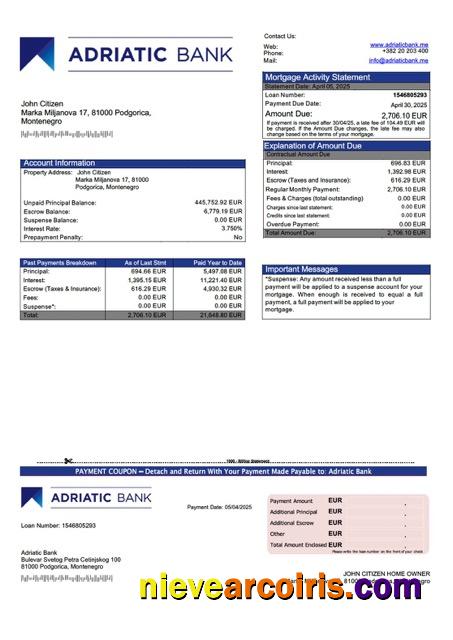 Montenegro Adriatic Bank mortgage statement Word and PDF template